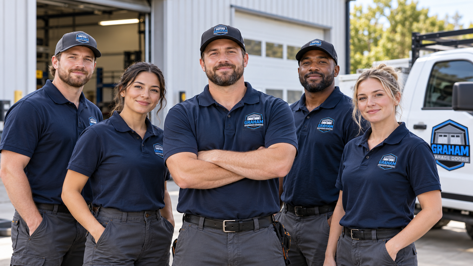Illustrative group of garage door service professionals in Graham branded uniforms
